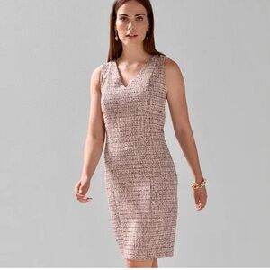 White House Black Market Blush Tweed V‑Neck Midi Sheath Dress